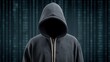 © 69 - Mysterious Faceless Hacker Figure in Dark Environment with Digital Code Background for Cybersecurity and Technology Concepts