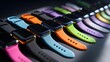 © Taiwo - Multiple generic smartwatches. Watch models, colored sports bands. Colorful watch with various colorful sport bands in color pink, lime green, purple, orange, and blue. LED digital wrist watches.