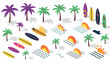 © Santiago - Tropical beach vibes with colorful surfboards and palm trees in flat cartoon style