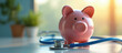 © Maryna - Pink piggy bank with stethoscope implies financial wellness check. Saving money for medical needs or future planning. Home or office table setup.