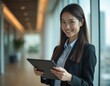 © Maryna - Asian businesswoman smiles holding tablet in modern office corridor. Young pro woman wears black suit jacket, blue shirt, works indoors with digital device near window.