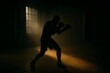 © Татьяна Евдокимова - Boxer silhouette training in a dark gym, stepping forward with boxing gloves, creating a powerful and dynamic stance