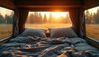 © Maryna - Cozy bed inside camper van overlooks sunlit meadow and pine forest. Comfortable bedding with pillows awaits rest in nature. Morning light filters through trees, creating peaceful ambiance.