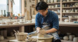 © Ace13 - Focused male potter shaping clay on wheel in ceramic studio handcrafted pottery process artisanal craftsmanship scene