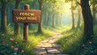 © Maryna - Wooden sign with yellow text renew mind stands beside winding stone path through sunlit forest. Rich green grass, colorful small flowers border walkway creating peaceful natural scene. Trees with