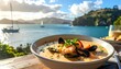 © Nadif stock - Seafood dish served on a wooden table overlooking a serene coastal bay with sailboats in the distance