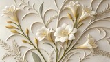White embossed lily flowers and buds with green stems and leaves floral relief