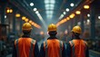 © Maryna - Three workers stand in a factory. They wear yellow hard hats and orange safety vests. They look forward into the industrial facility. They work together in a manufacturing plant.