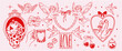© Tasha - Hand-drawn Valentine illustration set of trendy doodles in red crayon for with hearts, doves, frames, swan, letters, cup, leopard, bows and cupid. Romantic vintage sketch style for cards, stickers