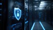 © TommyNa - Secure IT data center server room with digital shield and lock icon, cybersecurity protection concept for cloud infrastructure and network defense, ideal for IT security visuals