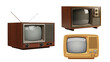 © indah - Three vintage televisions with wood paneling and dials are isolated on a black background, a nostalgic look at classic electronics