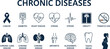 © AVIJIT - Chronic diseases infographic icons illustrating diabetes cancer heart disease stroke obesity and lifestyle health risks on clean white background