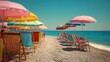 © Alunn cans - Vibrant colorful beach umbrellas and lounge chairs on a sunny pebble beach by the blue ocean, summer vacation