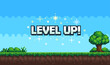 © Bohdan - Pixel art game background with button level up. Game design concept in retro style. Vector illustration eps 10