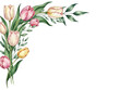 © Hazim - Luxury watercolor botanical corner border with tulips and delicate foliage in deep emerald green isolated on white background