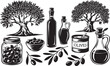 © Josim - Olive oil and olives illustration with trees, bottles, jar and can, healthy food and drink concept