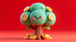 © lin - Cute clay style money tree 3D illustration on red background