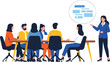 © NURUL - Business professional giving presentation to diverse corporate team sitting at boardroom table during office meeting vector flat illustration