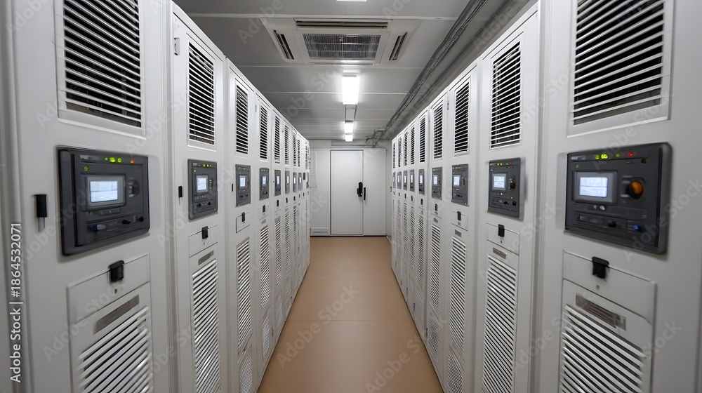Data Racks Ventilation Long corridor in a modern data center with symmetrical rows of white ...