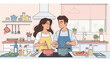 © khan - Couple cooking together in kitchen wearing aprons happily preparing meal with happy and preparation and home and lifestyle and love and interior