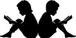 © Rizky - Silhouette of a little boy and girl sitting back to back and reading books.