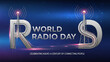 © Aoun - World radio day celebration with stylized radio towers and glowing signals on a dark blue background with stars with communication and broadcast