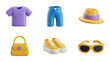 © Ali - A collection of stylish 3d rendered 3d clothing and accessory icons featuring a purple t-shirt, blue pants, yellow hat, purse, sneakers, and sunglasses on transparent background