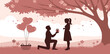 © hamid - Man on one knee proposing marriage to his partner under a blossoming tree, surrounded by romantic heart-shaped balloons and a thoughtful gift basket, symbolizing a heartfelt engagement
