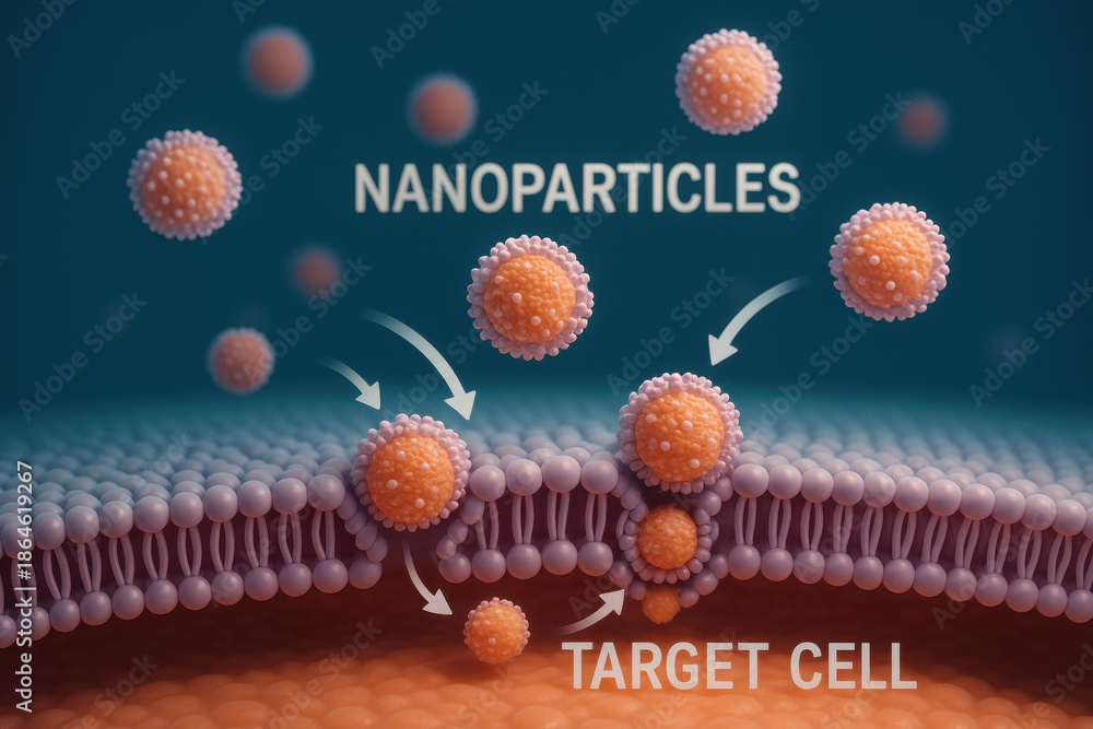 Medical illustration of nanoparticle for drug delivery entering target ...