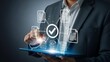 © Mohammad - Businessman interacting with digital interfaces showing document verification and approval processes on a futuristic glowing tablet screen