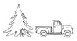 © Maestro - Outline of an old vintage pickup truck next to a Christmas tree, ideal for seasonal decorations, holiday themed promotions, or as a printable activity sheet.