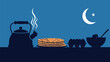 © MH24 - Traditional iftar meal setup with pancakes dates and tea on a serene night during Ramadan celebration outdoors