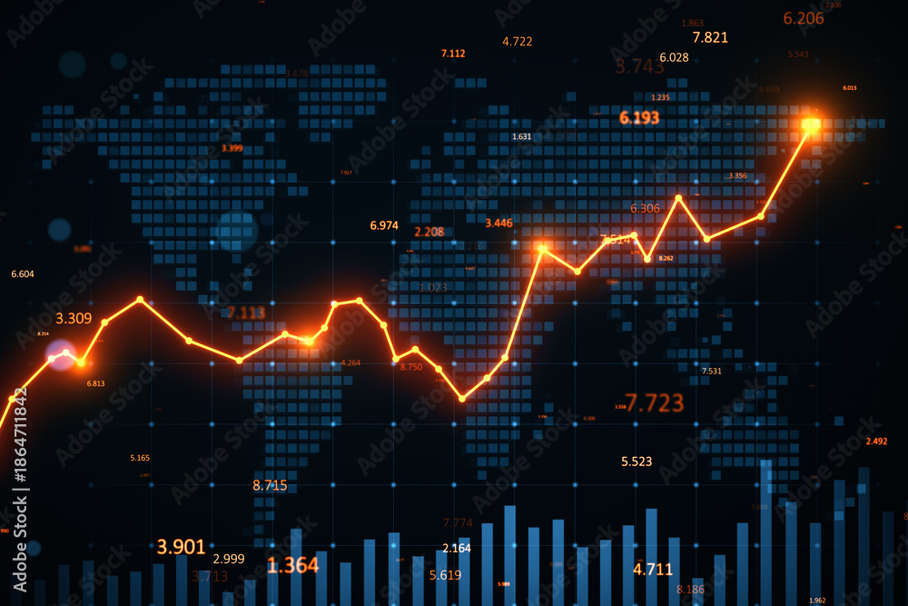 Glowing upward graph with financial data and bar chart over digital ...