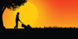 © monwarul - Silhouette vector illustrating an adult man, male, actively mowing a grass lawn with a push mower under a vivid yellow and orange sunset, featuring a large sun and a prominent tree in the background.