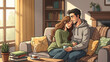 © johnus - A loving couple sitting together on a couch in a cozy living room with warm lighting