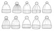 © wedang - Line-art depiction of ten diverse knit hats, each with a pom-pom, showcasing variations in pattern and design for winter apparel