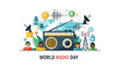 © Uzair - Vibrant world radio day illustration with diverse people, radio, and broadcasting symbols on a white background with communication and media