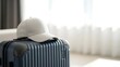© Fick - A white cap resting on top of a dark blue suitcase in a brightly lit room with white curtains