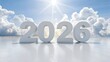 © Khone studio  - Large white 3d numbers for the year 2026 standing on a reflective surface against a bright blue sky with sun flare and white clouds