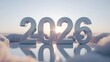 © Khone studio  - Clean 3d white numbers for the year 2026 standing on a reflective surface among soft clouds with a bright golden sun flare at dawn