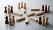 © Djumiati - Abstract arrangement of light and dark wooden pawns around barriers, symbolizing social divisions, business challenges, or community group dynamics and separation