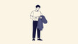 © Tendra - Young man with casual attire using smartphone and carrying a jacket in minimalist illustration