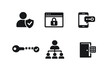 © VectorGomes - Identity management and secure access icon set in black flat vector style. Clean cyber security symbols for enterprise platforms, apps, and digital systems.