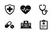© VectorGomes - Healthcare and medical services icon set with diagnosis, treatment, and hospital symbols. Black flat vector icons for health apps, dashboards, and professional medical UI design.