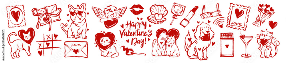Cute love doodle set, hand drawn bachelorette wedding whimsical illustration, Valentine day stickers. Cartoon kitten with heart, lovely dog, romantic sketch graphic. February holiday love doodle icon