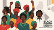 © Shana - Black history month image depicting group of african women and men raising fists honoring heritage and inspiring future generations through cultural pride and strong visual representation