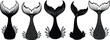 © OKAN - Line art mermaid tails collection five unique tail silhouettes with scale patterns close up vector set black and white decorative fins side view ornate edging isolated