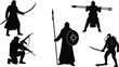 © Azom - Warrior silhouettes set with swords, spears, shields and archery poses, medieval and fantasy fighters combat stances illustration isolated on white background
