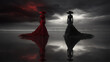 © ITrenz - Two Women in Red and Black Gowns on Stormy Beach with Reflection