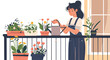 © Md - a woman in overalls is watering flowers on the balcony, a flat design illustration with a white background, in a vector style_traced